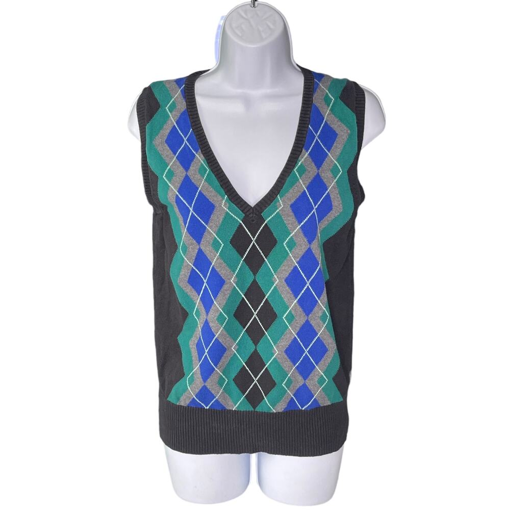 The Limited Argyle 90s Sweater Vest Black Green Blue Medium - Picture 2 of 7